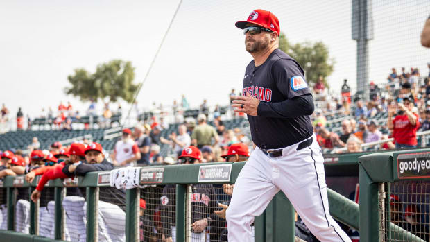 Feb 24, 2024; Stephen Vogt manages his first spring training game for the Cleveland Guardians. Photo Credit: @CleGuardians On X